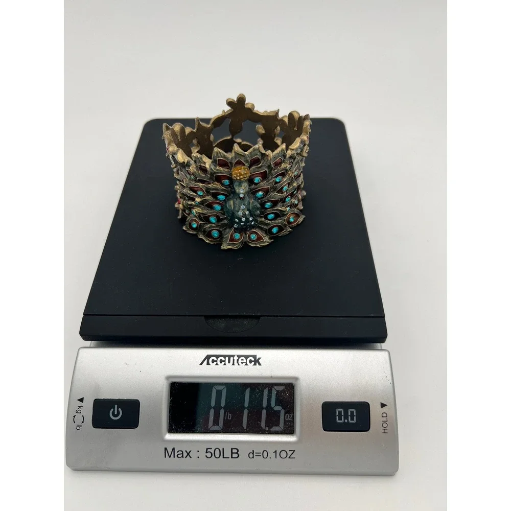 Jeweled Peacock Votive Candle Holder Gold Tone Enamel Rhinestone Floral Decor